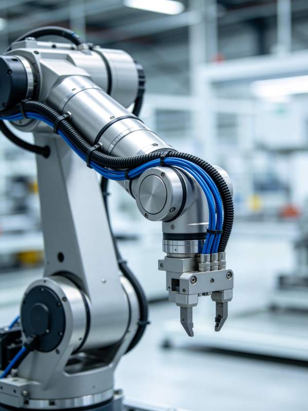 工业机械臂特写展示精密结构与管线布局图片