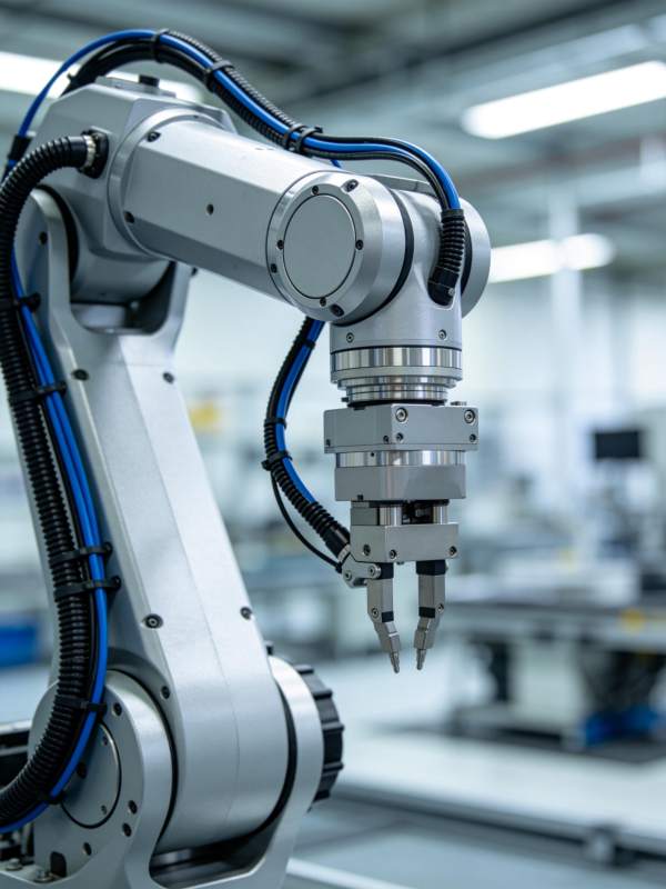 工业机械臂在工厂车间中待命作业图片