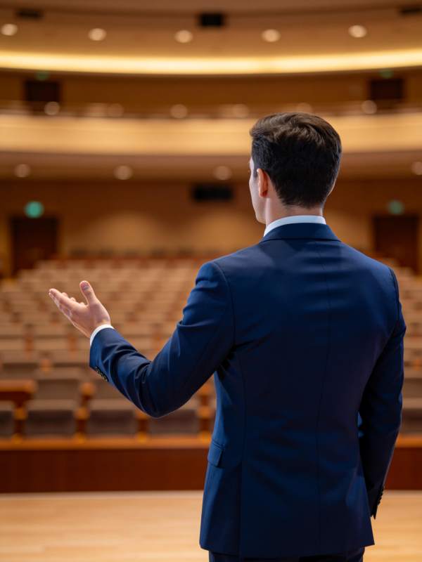 男士背对镜头在礼堂演讲手势示意图片
