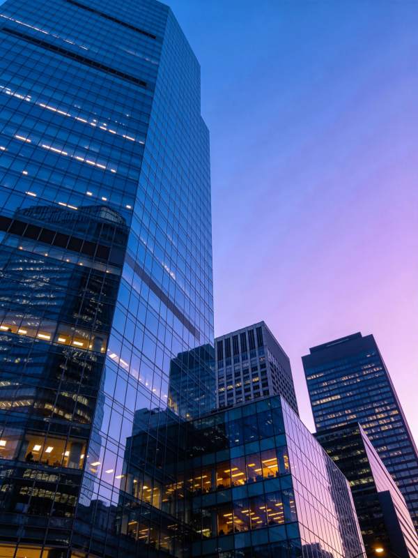 黄昏时分玻璃幕墙摩天大楼群仰拍景象图片