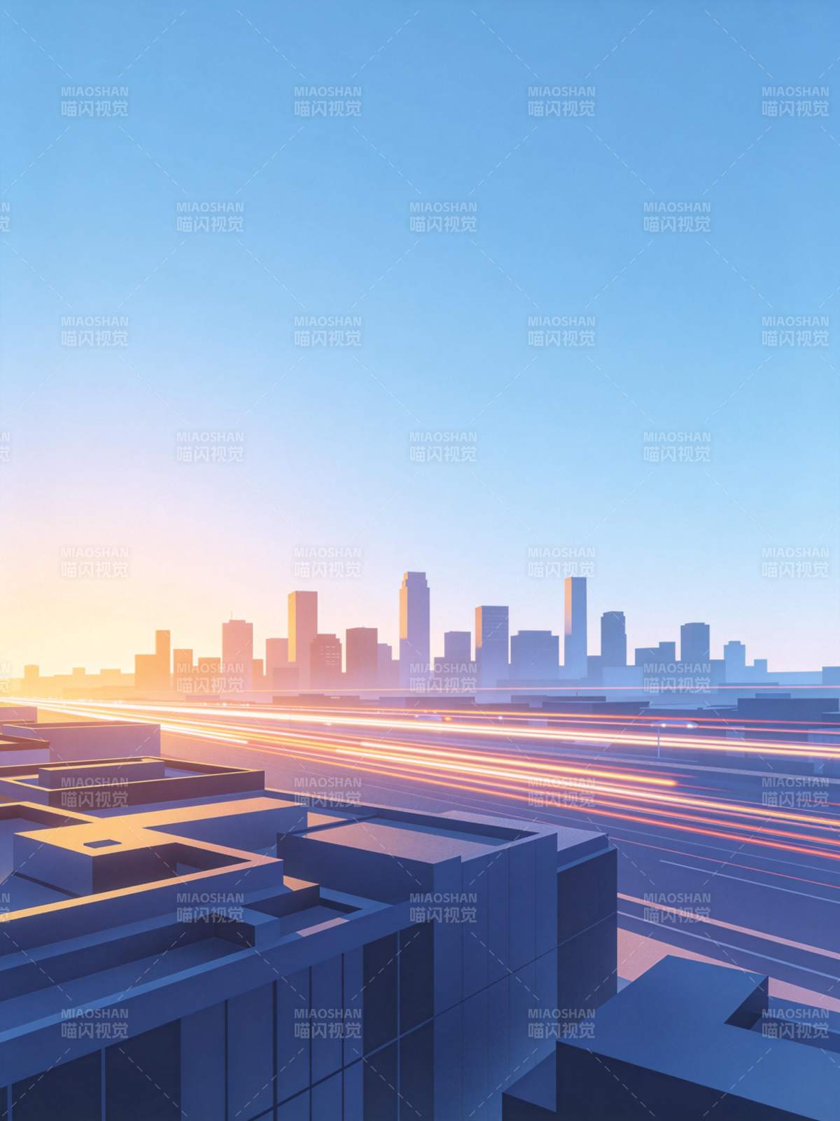 城市天际线与车流光轨的黄昏景象图片