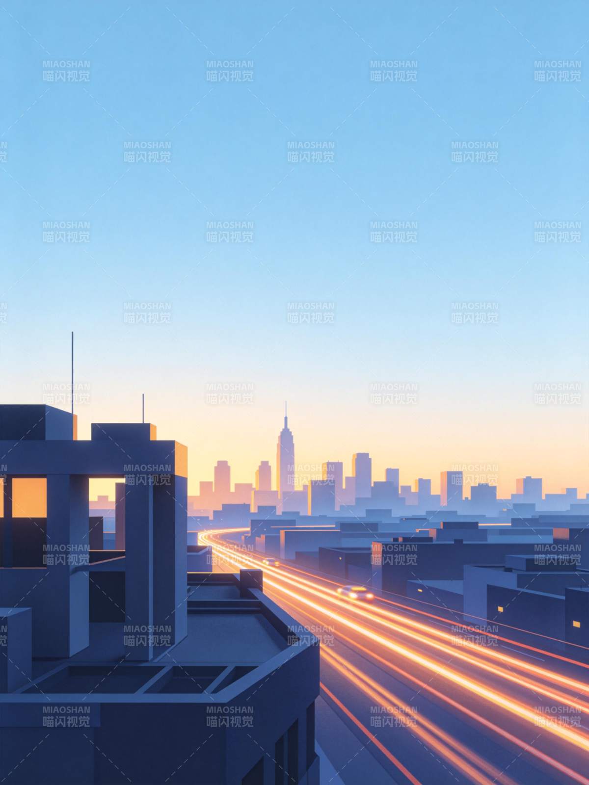 城市黄昏高架道路车流与建筑剪影图片