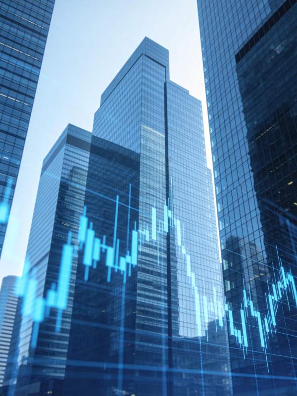 玻璃幕墙高楼叠加股票K线图数据可视化图片
