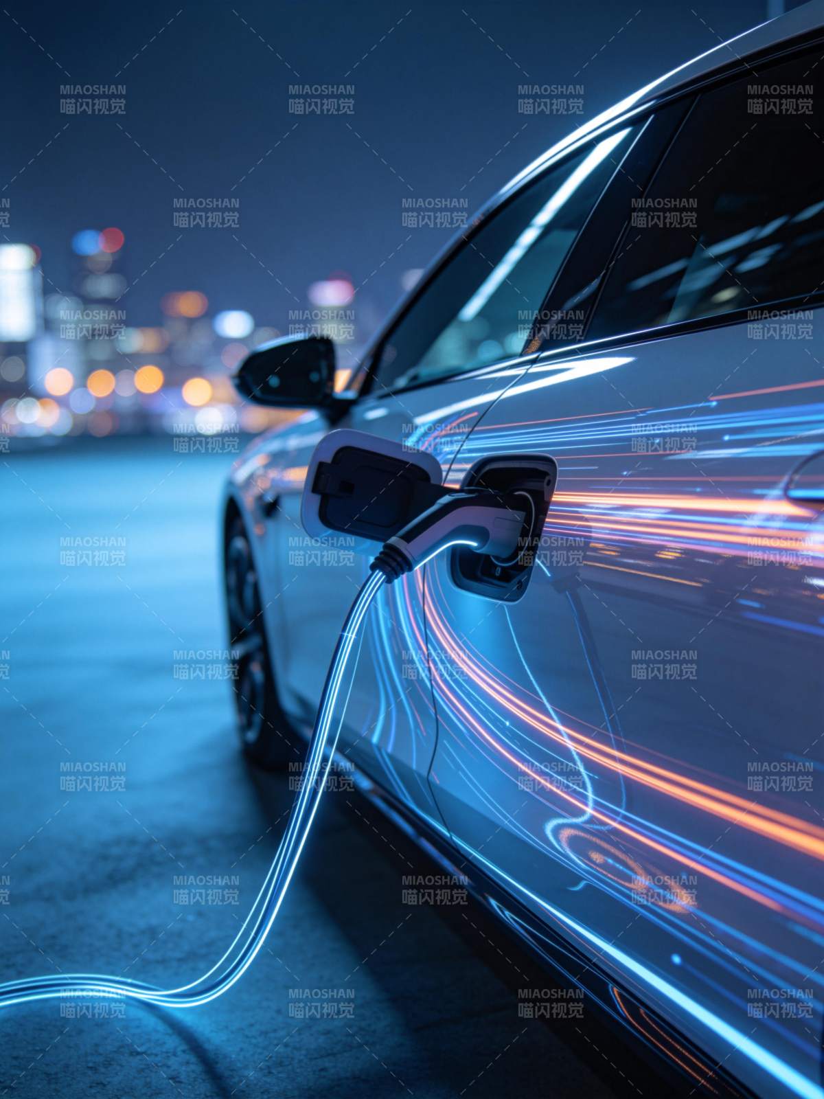 夜间城市中电动汽车正在充电的特写场景图片
