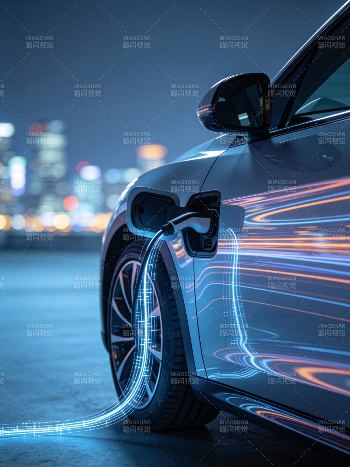 夜间城市中电动汽车正在充电的特写画面图片