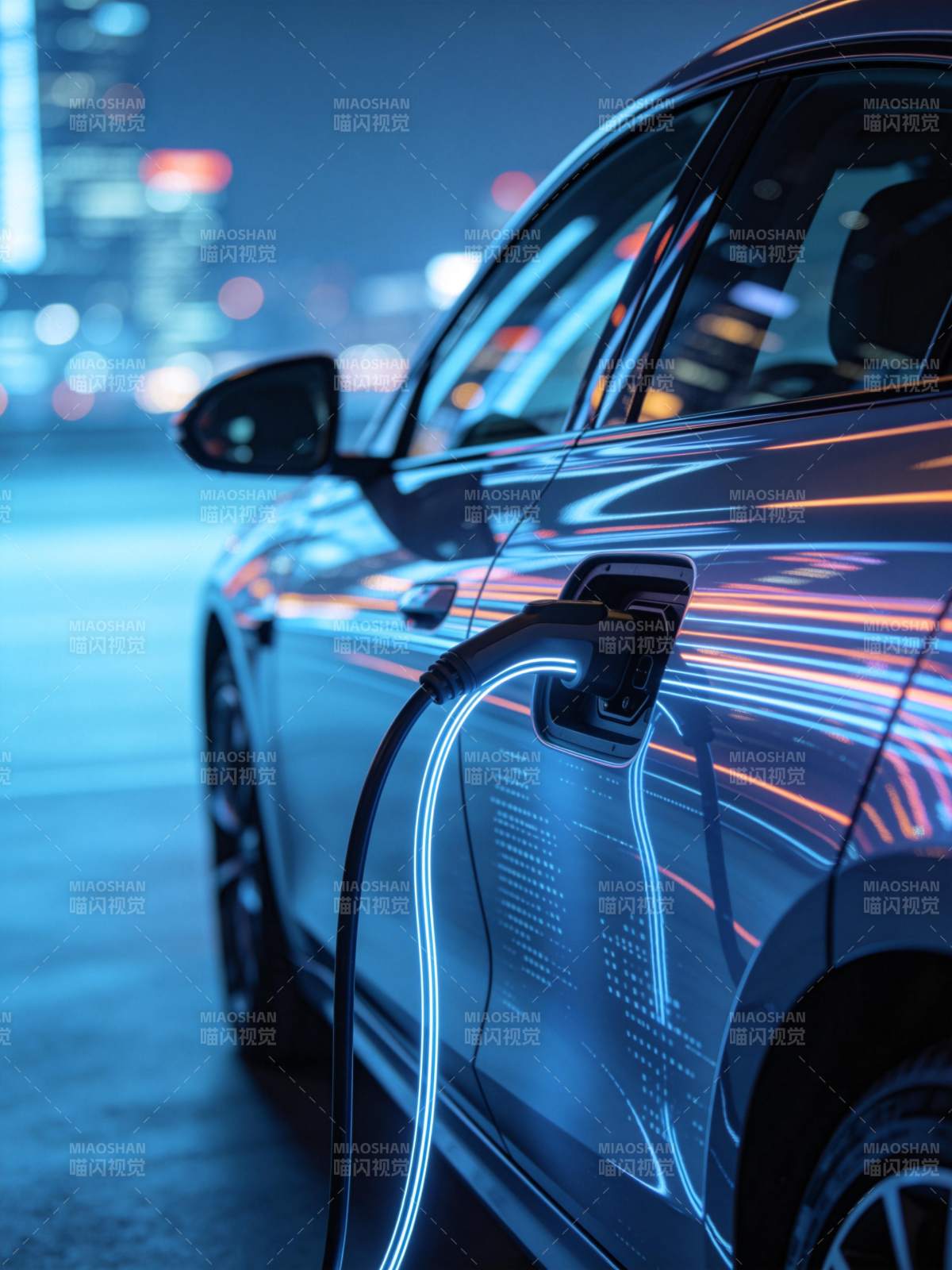 夜晚城市中正在充电的电动轿车特写图片