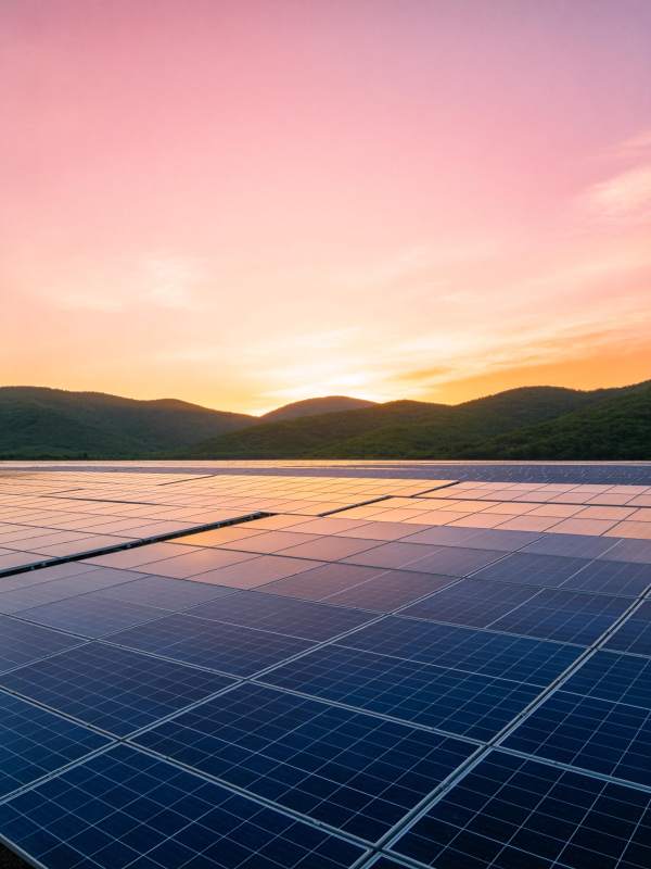 夕阳下山丘前整齐排列的太阳能电池板阵列图片