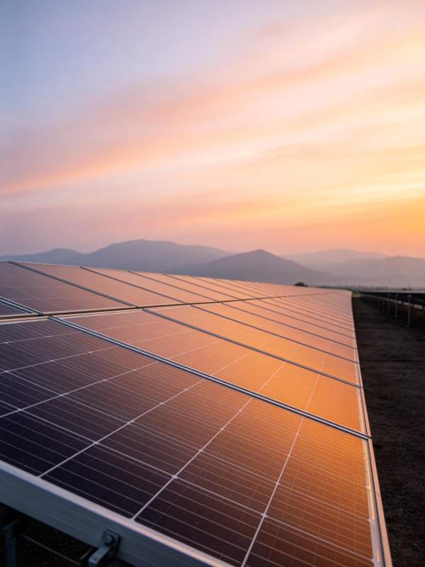 夕阳下成排太阳能电池板反射暖光图片