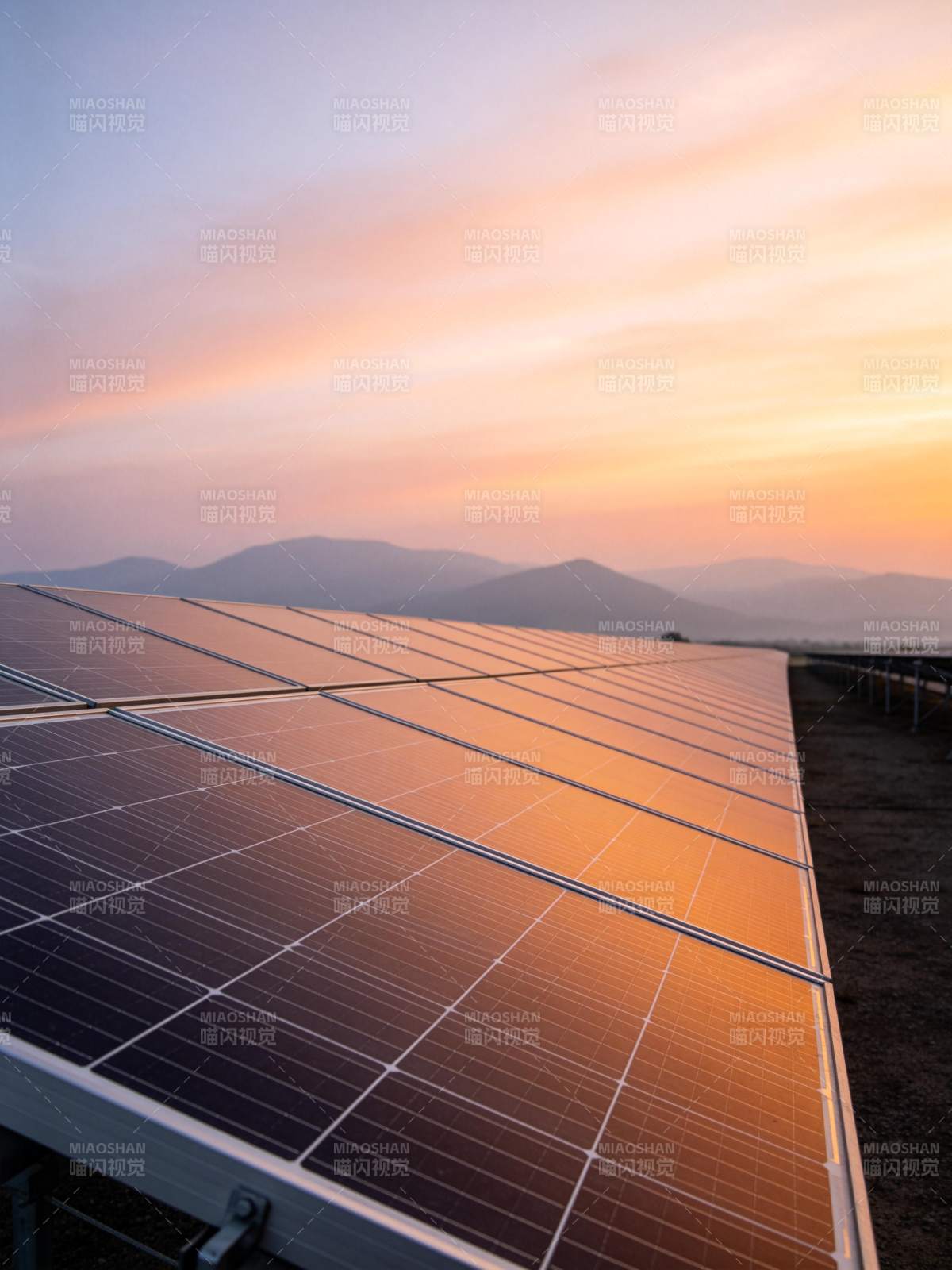 夕阳下成排太阳能电池板反射暖光图片