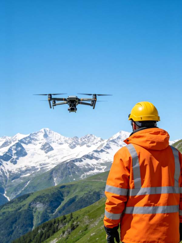 穿橙色工装人员操控无人机于雪山前飞行图片