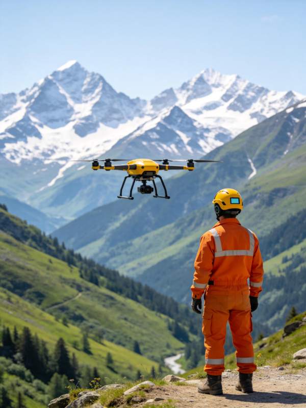 橙衣人员操控黄色无人机巡检雪山山谷图片