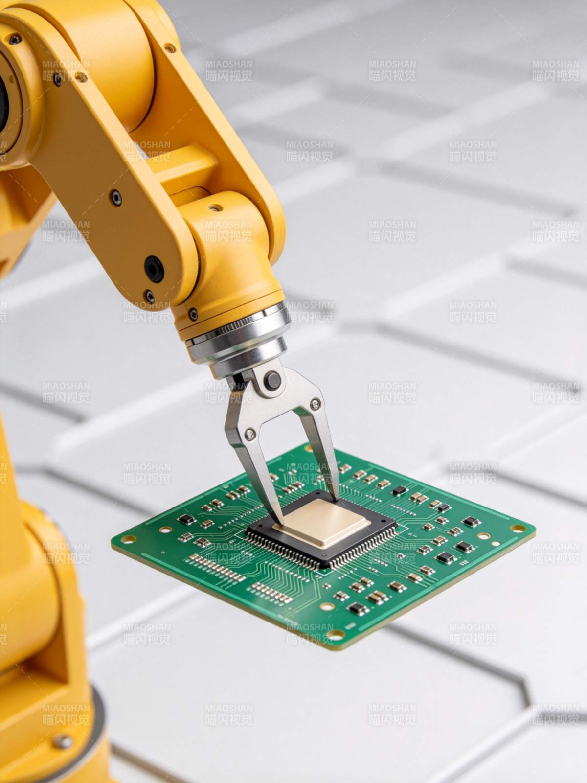 黄色机械臂夹持绿色电路板进行精密操作图片