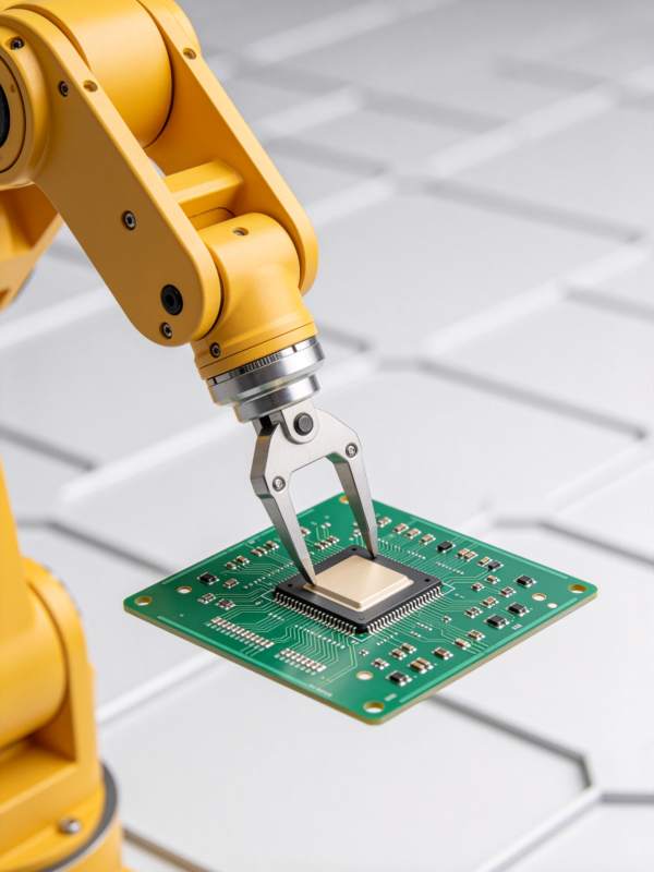 黄色机械臂夹持绿色电路板进行精密操作图片