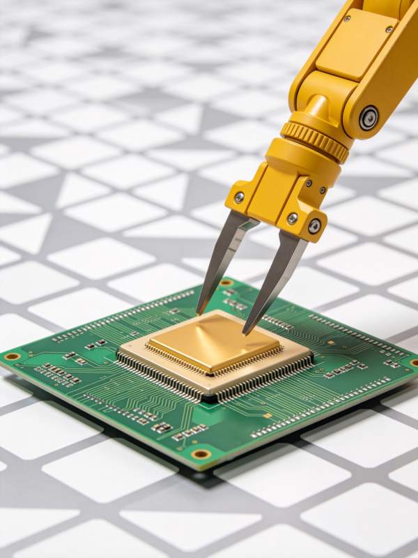 黄色机械臂夹持芯片安装于绿色电路板图片