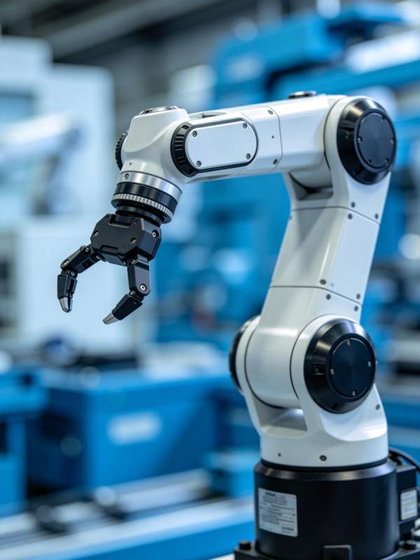 白色工业机械臂在工厂环境中待命作业图片