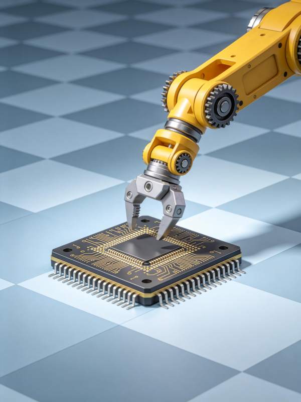 黄色机械臂抓取集成电路芯片特写图片