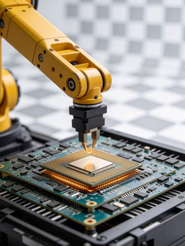 黄色机械臂精准安装芯片于电路板图片