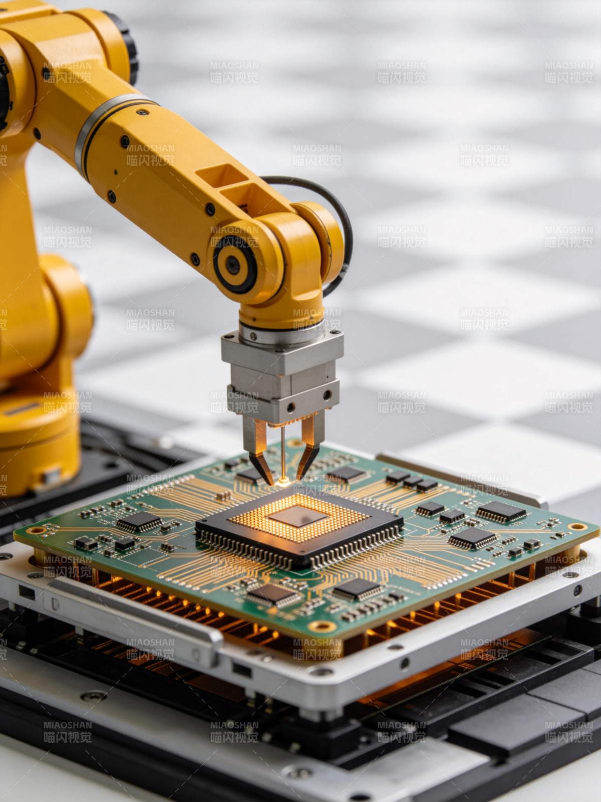 黄色机械臂精准安装芯片于电路板图片