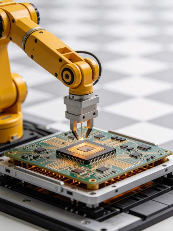 黄色机械臂精准安装芯片于电路板图片