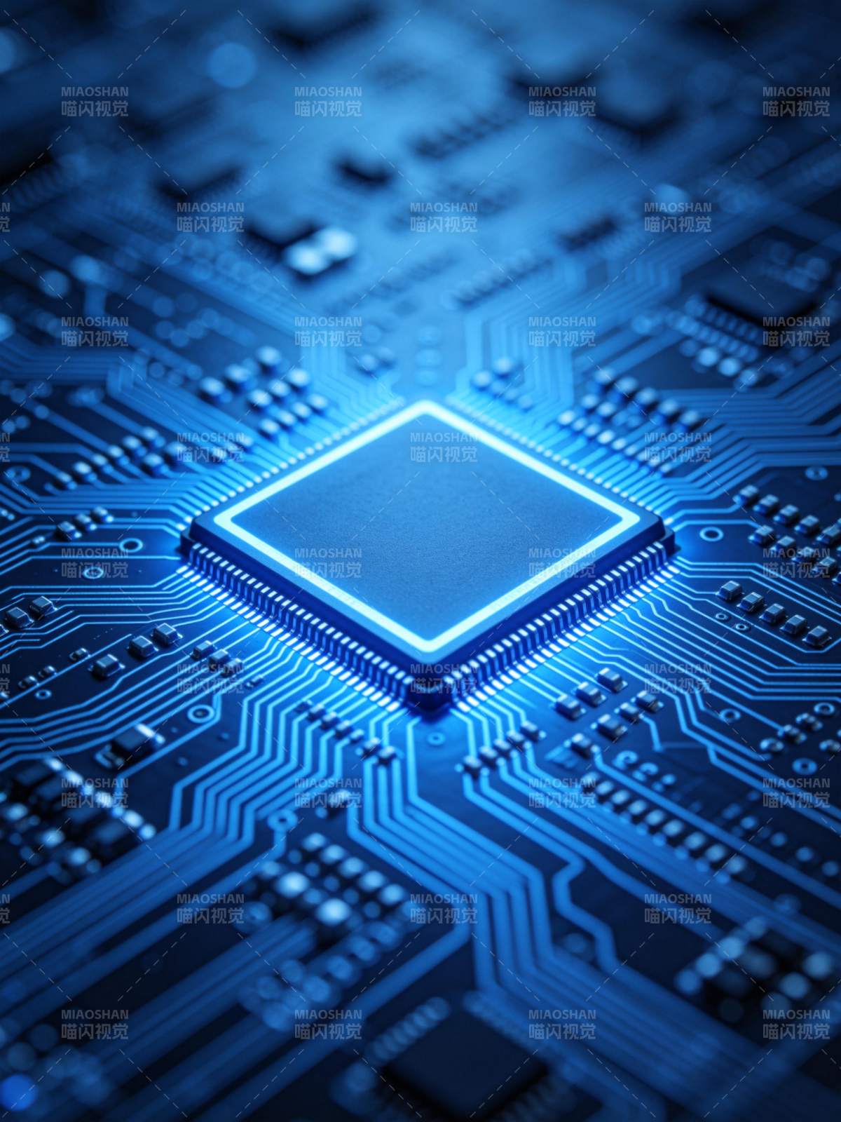 蓝色发光集成电路芯片特写高清图图片