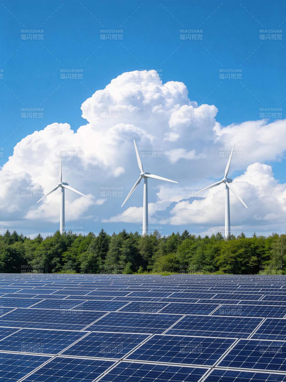 太阳能板阵列与风力发电机并存的清洁能源场图片