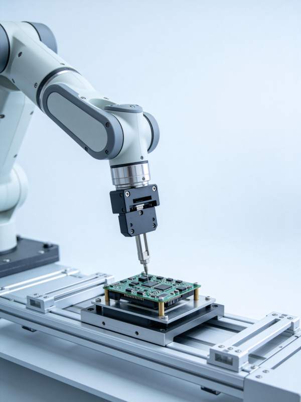 工业机械臂正在精密装配电路板组件图片