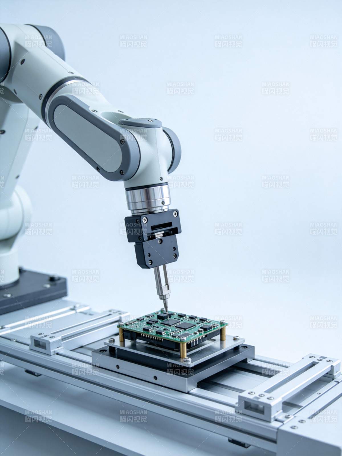 工业机械臂正在精密装配电路板组件图片