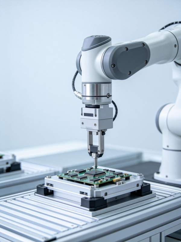工业机械臂正在装配电路板的精密操作场景图片