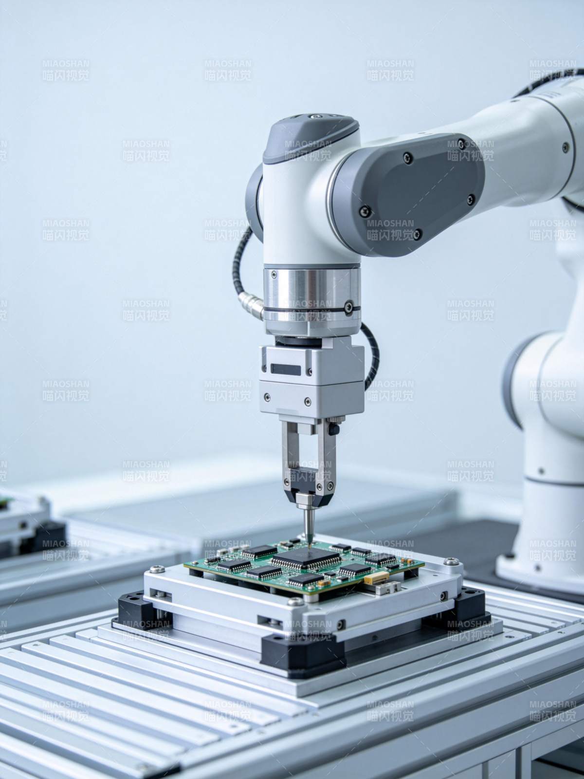 工业机械臂正在装配电路板的精密操作场景图片