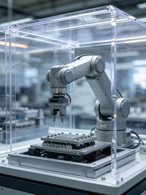 工业机械臂在透明防护罩内进行精密装配作业图片