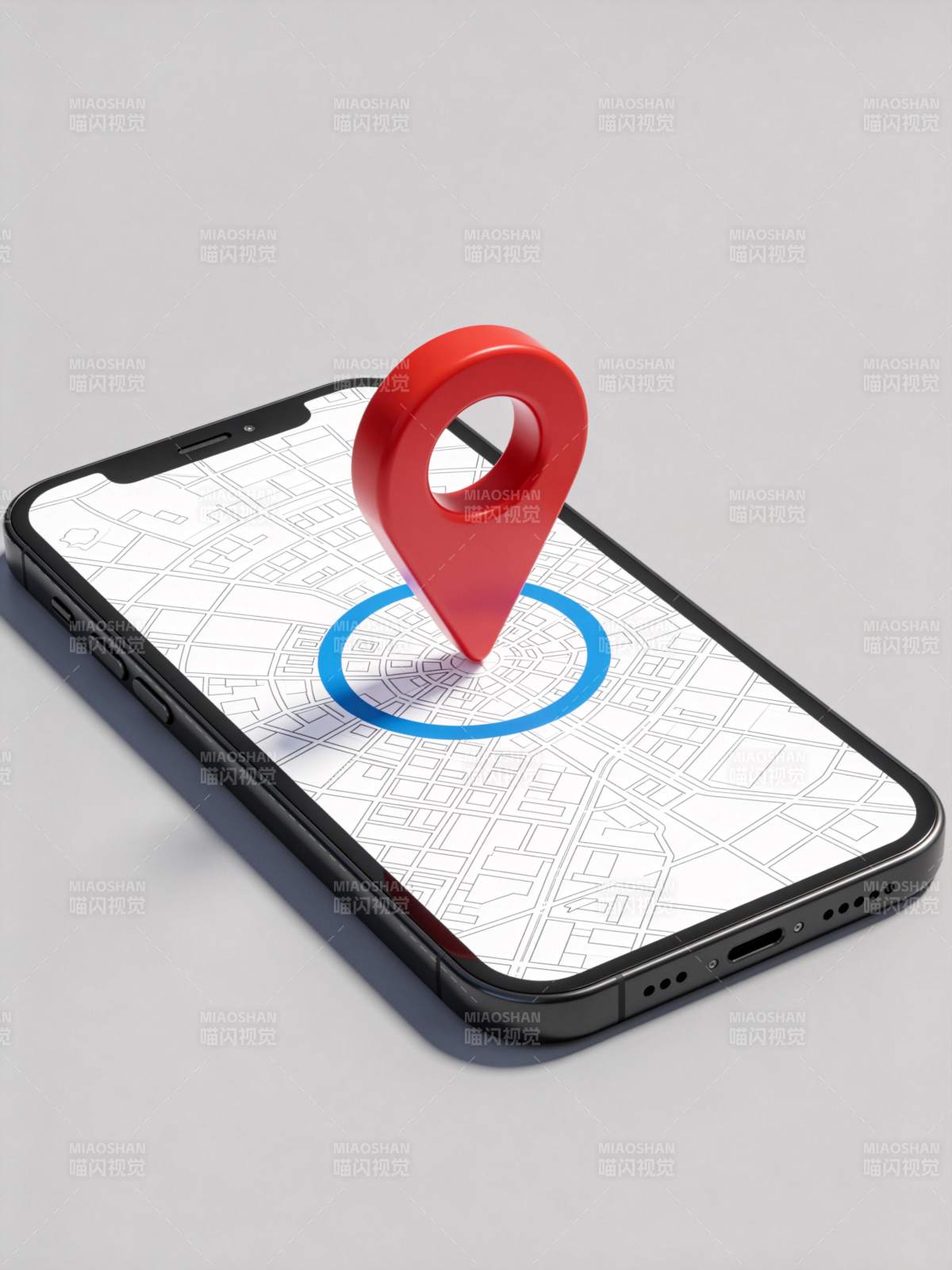 智能手机屏幕显示地图定位图标与街道网格图片
