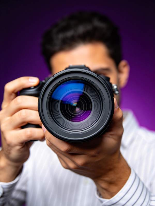 男子手持单反相机对准镜头拍摄图片