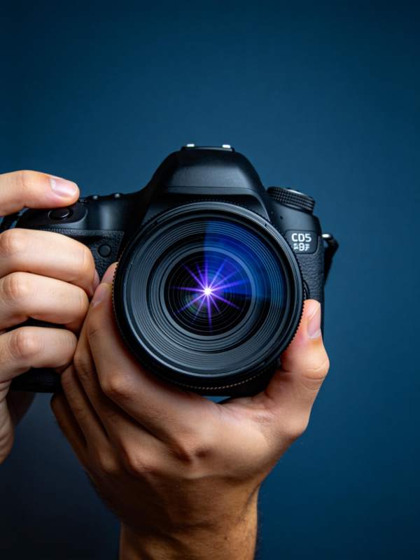 双手持单反相机特写镜头光斑效果图片