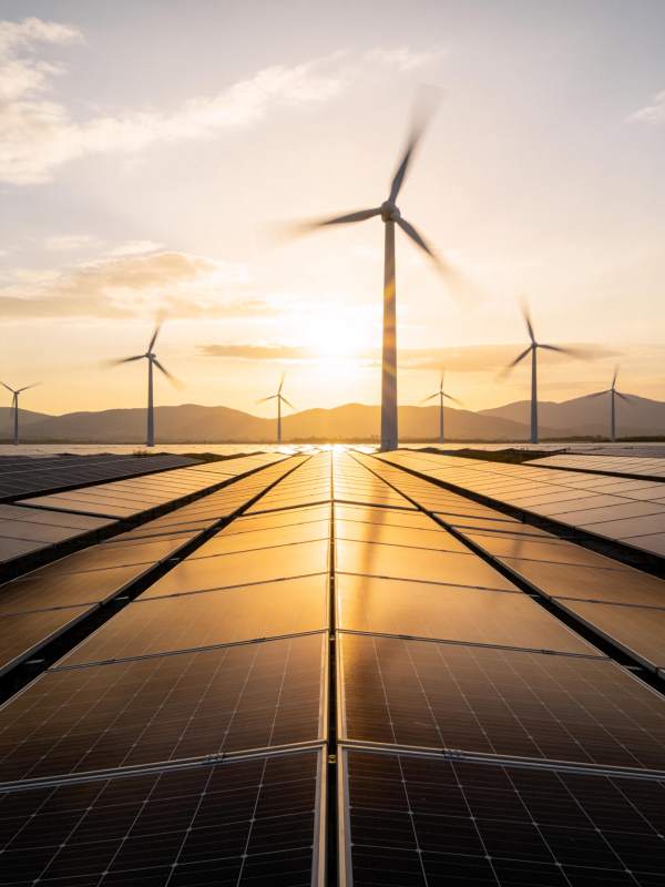 夕阳下光伏板阵列与风力发电机并列运行图片