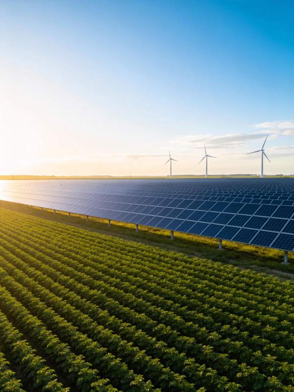 农田旁太阳能板与风力发电机并列景观图片