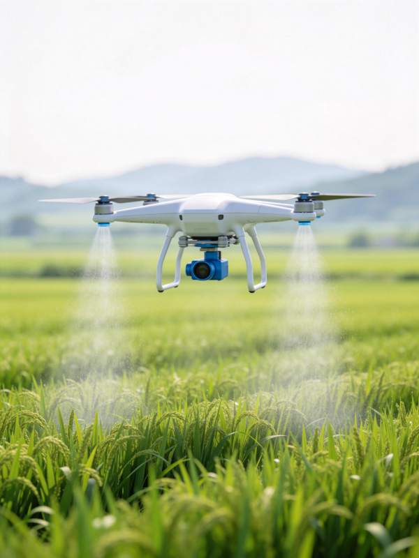 白色喷雾无人机在绿色稻田上空作业图片