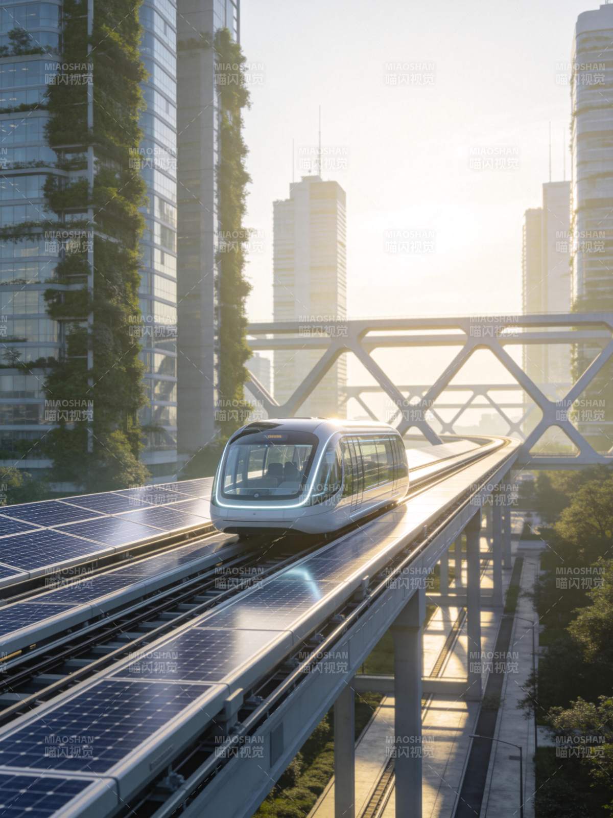 太阳能轨道列车穿行绿植覆盖摩天楼群图片