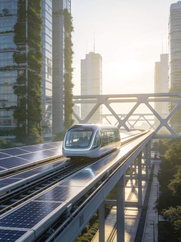 太阳能轨道列车穿行绿植覆盖摩天楼群图片