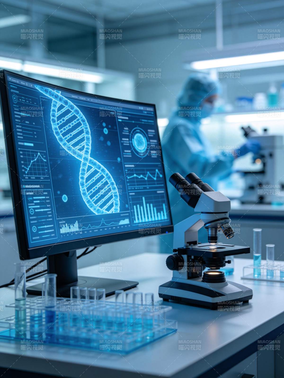 实验室中显微镜与DNA数据屏幕并置场景图片