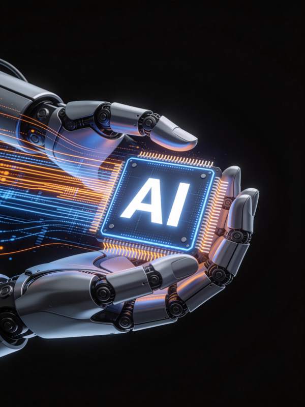 机械手臂托举发光AI芯片展示人工智能技术图片