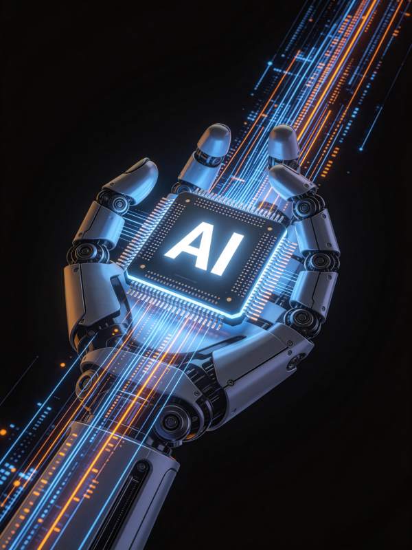 机械手臂握持发光AI芯片传输数据流图片