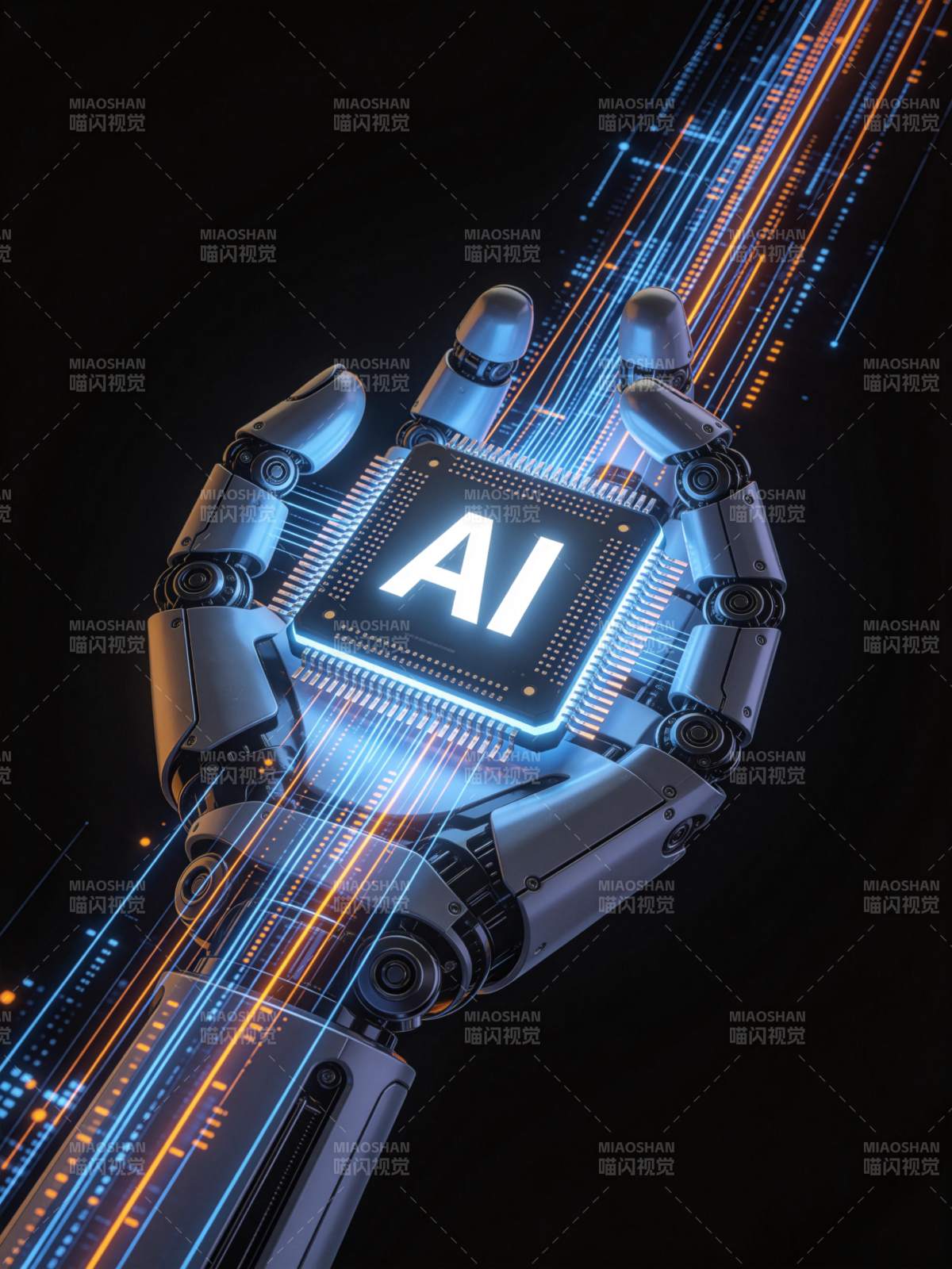 机械手臂握持发光AI芯片传输数据流图片