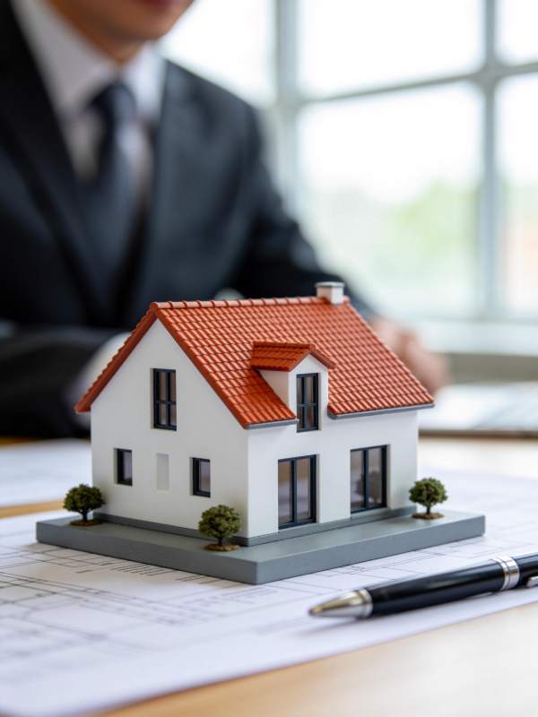 西装男子桌前摆放房屋模型与图纸图片