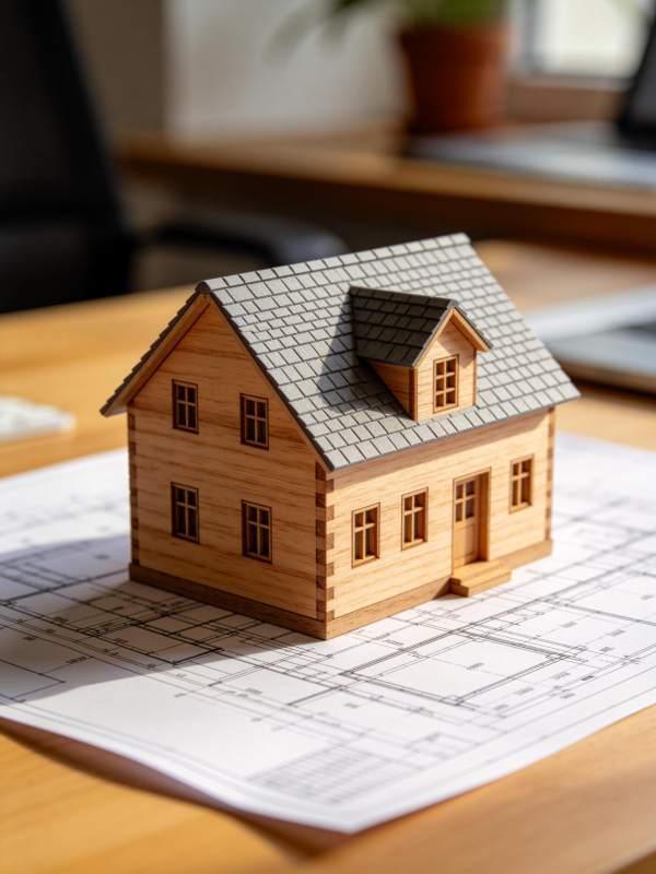 木质房屋模型置于建筑图纸之上图片