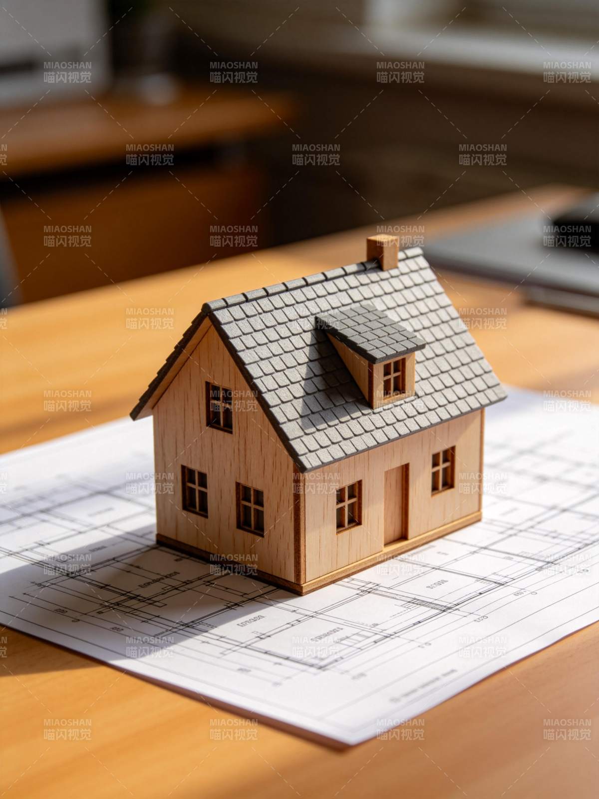 木质房屋模型置于建筑图纸之上图片