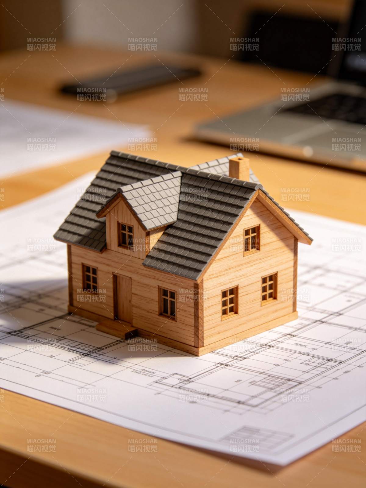 木质房屋模型置于建筑图纸之上图片