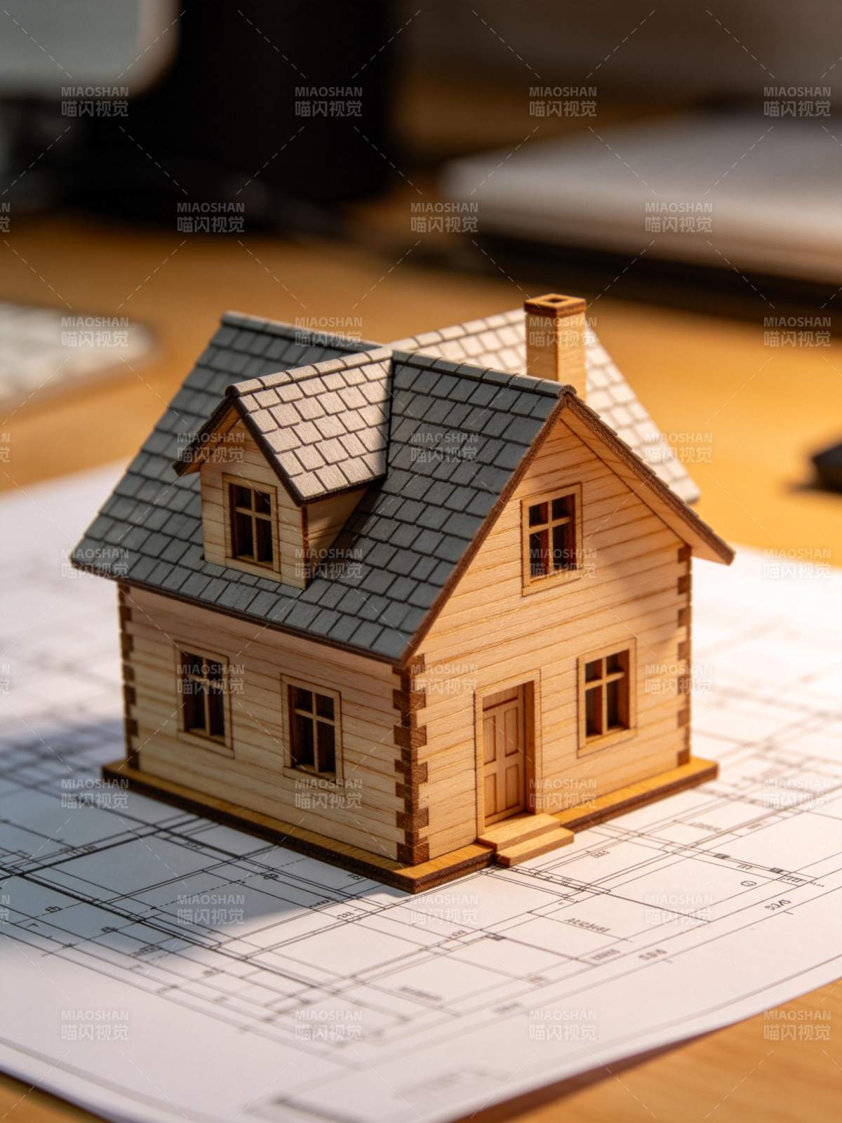 木质房屋模型置于建筑图纸之上展示图片