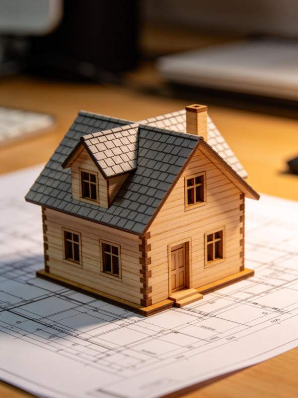 木质房屋模型置于建筑图纸之上展示图片