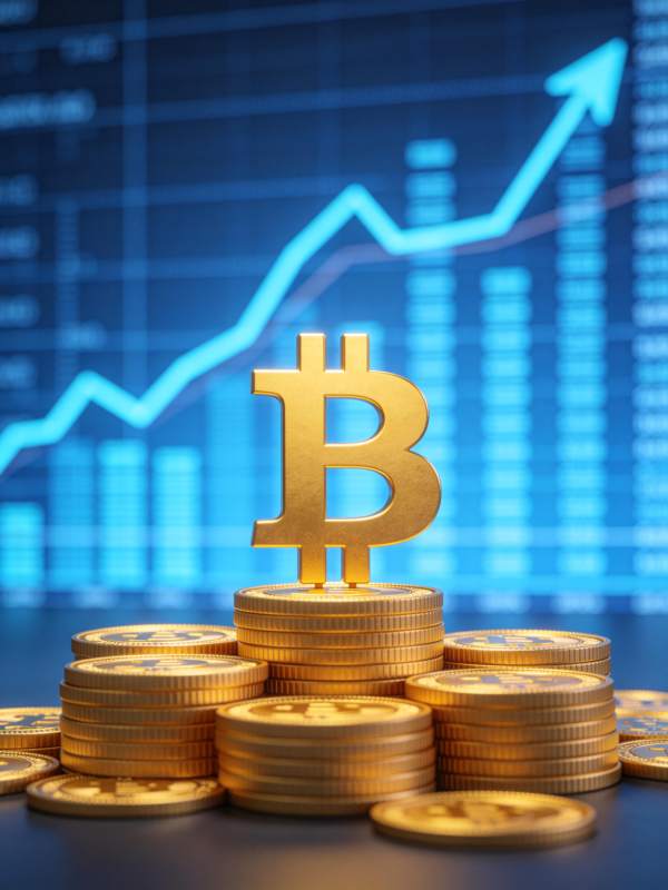 比特币金币堆叠与上涨趋势图表背景图片