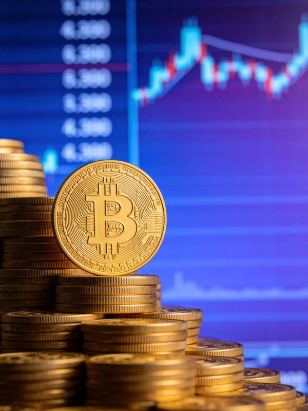 金色比特币硬币堆叠于金融数据图表前图片